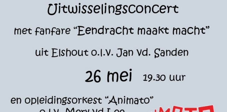 Za. 26 mei: Uitwisselingsconcert ism. fanfare Eendracht maakt macht -Elshout in Dussen